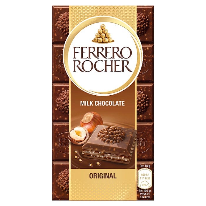 Ferrero Rocher Original Milk Chocolate & Hazelnut Praline Bar, 90g