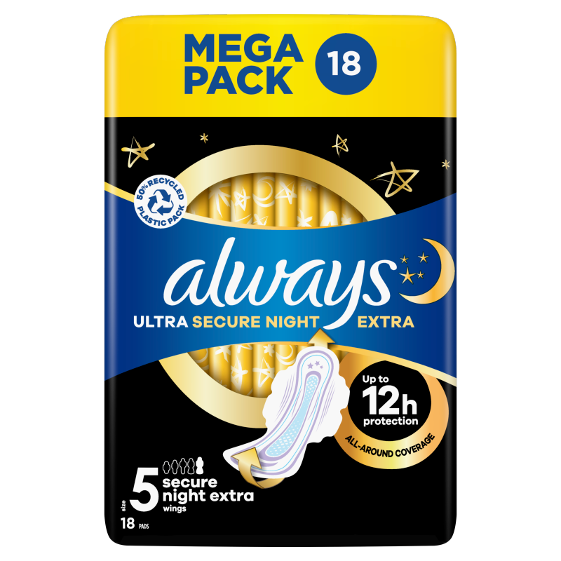 Always Ultra Sanitary Towels Secure Night Extra (S5) Wings (Pack of 18)