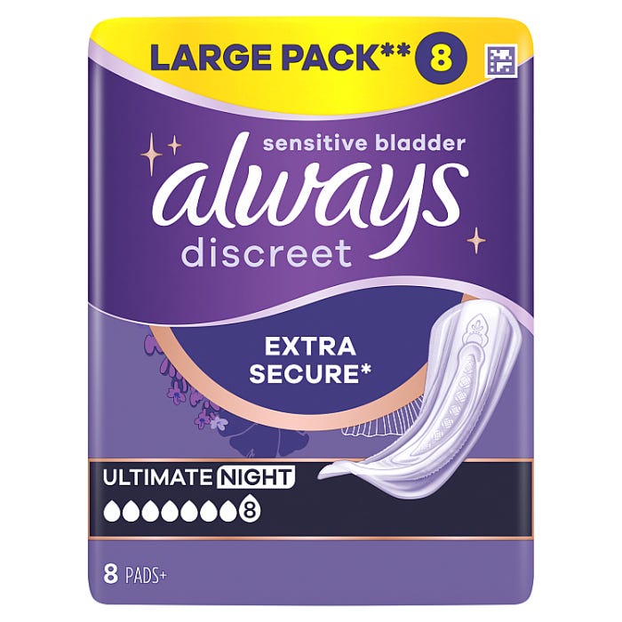 Always Discreet Incontinence Pads Ultimate Night (Pack of 8)
